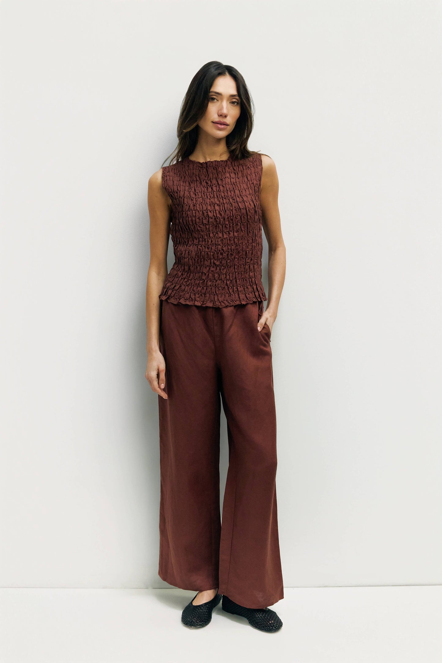 Brown Smocked Sleeveless Tie Back Top