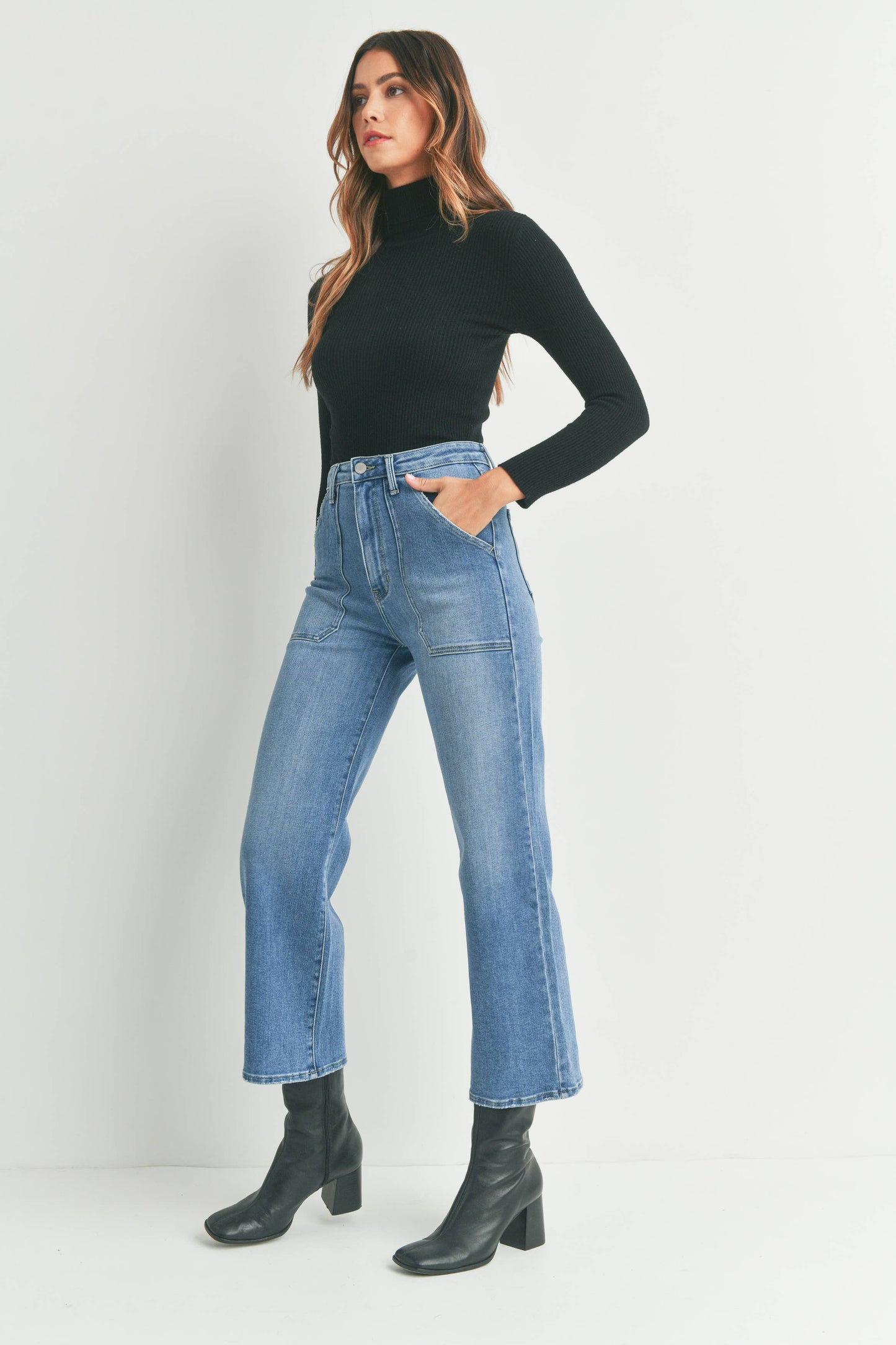 Medium Wash Utility Cargo Pocket Wide Leg High Rise Jeans