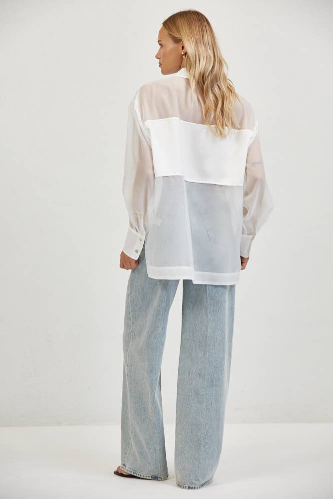 White Sheer Collar Neck Long Sleeve Blouse