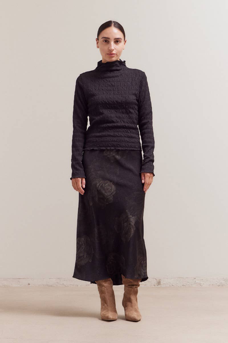 Shirred Mock Neck Long Sleeve Top