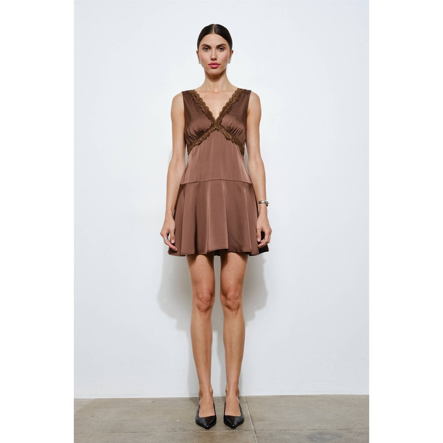 Brown Lace Trim Satin Mini Dress