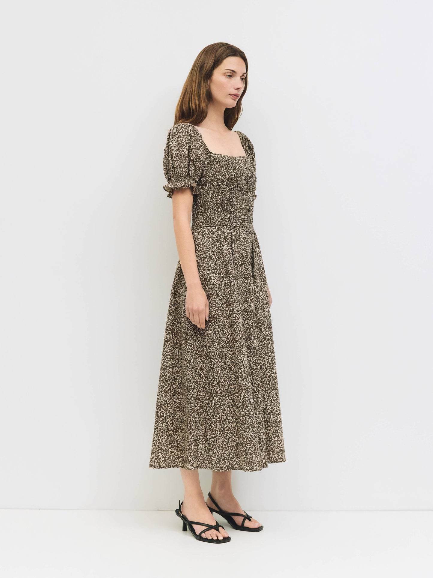 Brown Floral Cotton Smocked Midi Dress