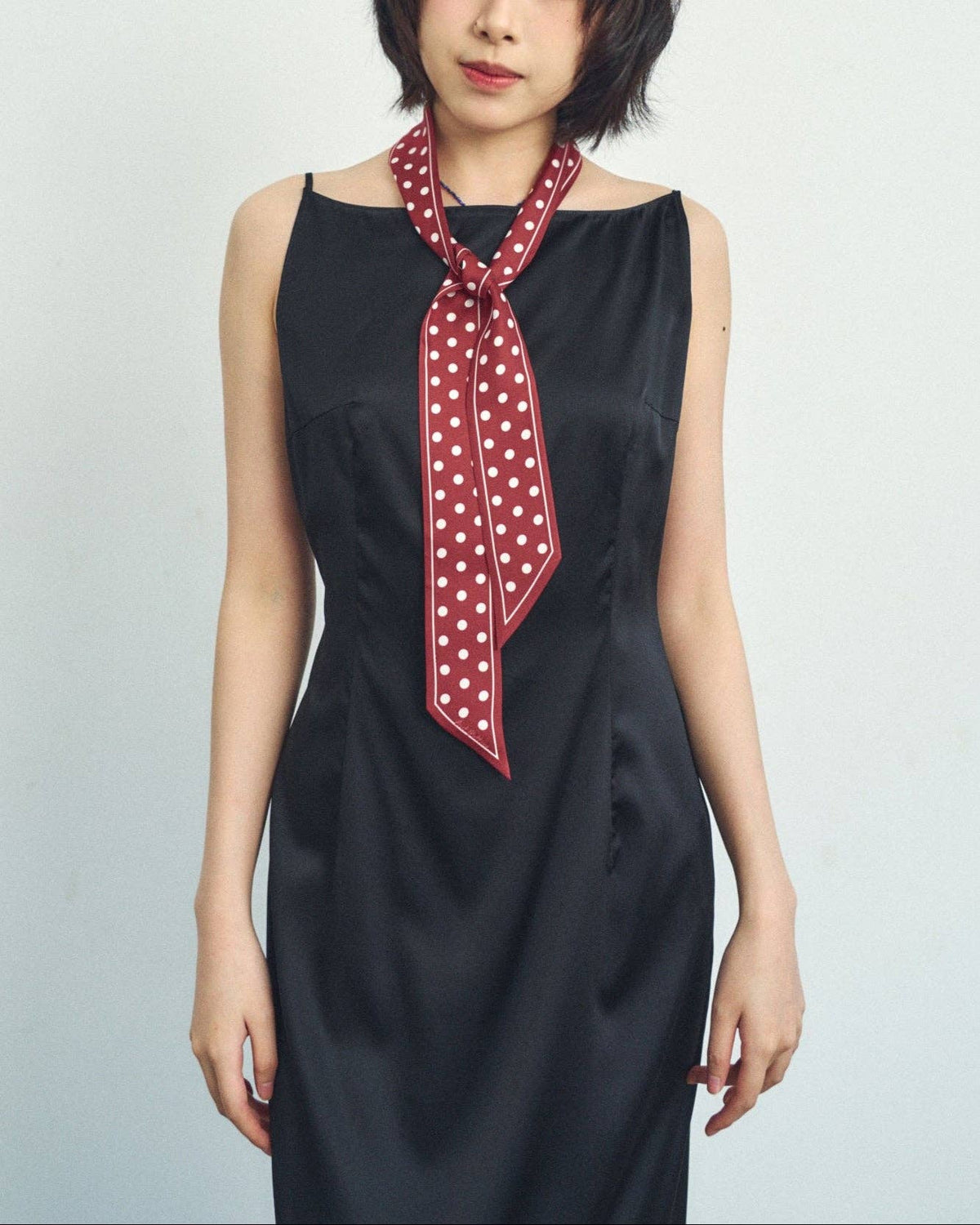 Dark Red Polka Dot Silk Slim Scarf