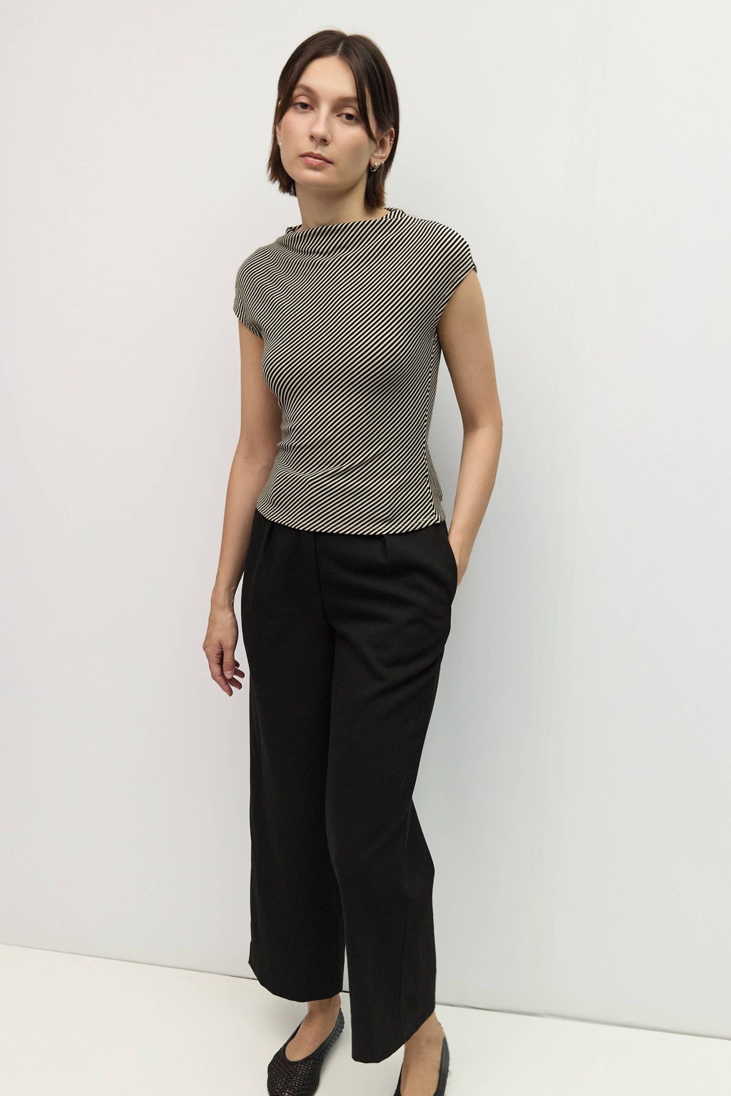 Black White Diagonal Striped Knit Top