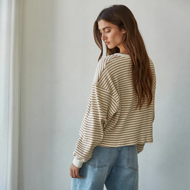 Striped Ribbed Crew Neck Long Sleeve Top