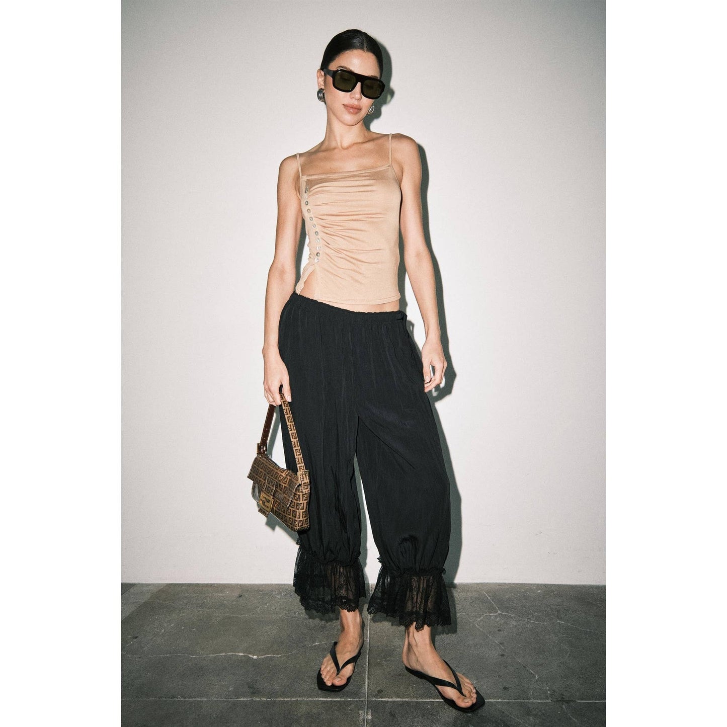 Tan Ruched Jersey Button Detail Cami Top