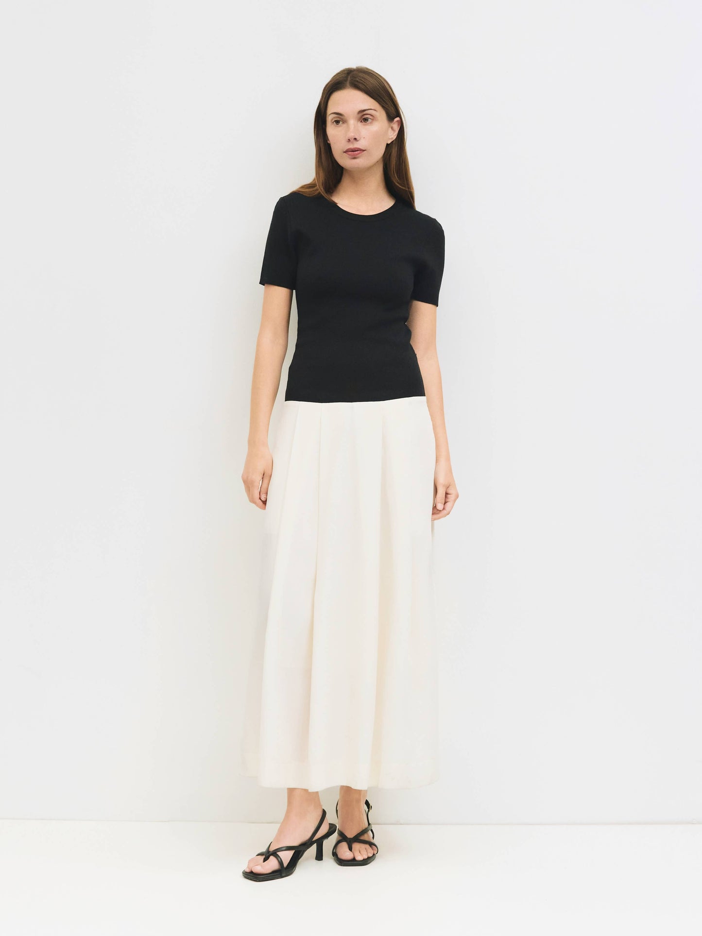 Black and Ivory Mixed Media Pleated Midi Dress