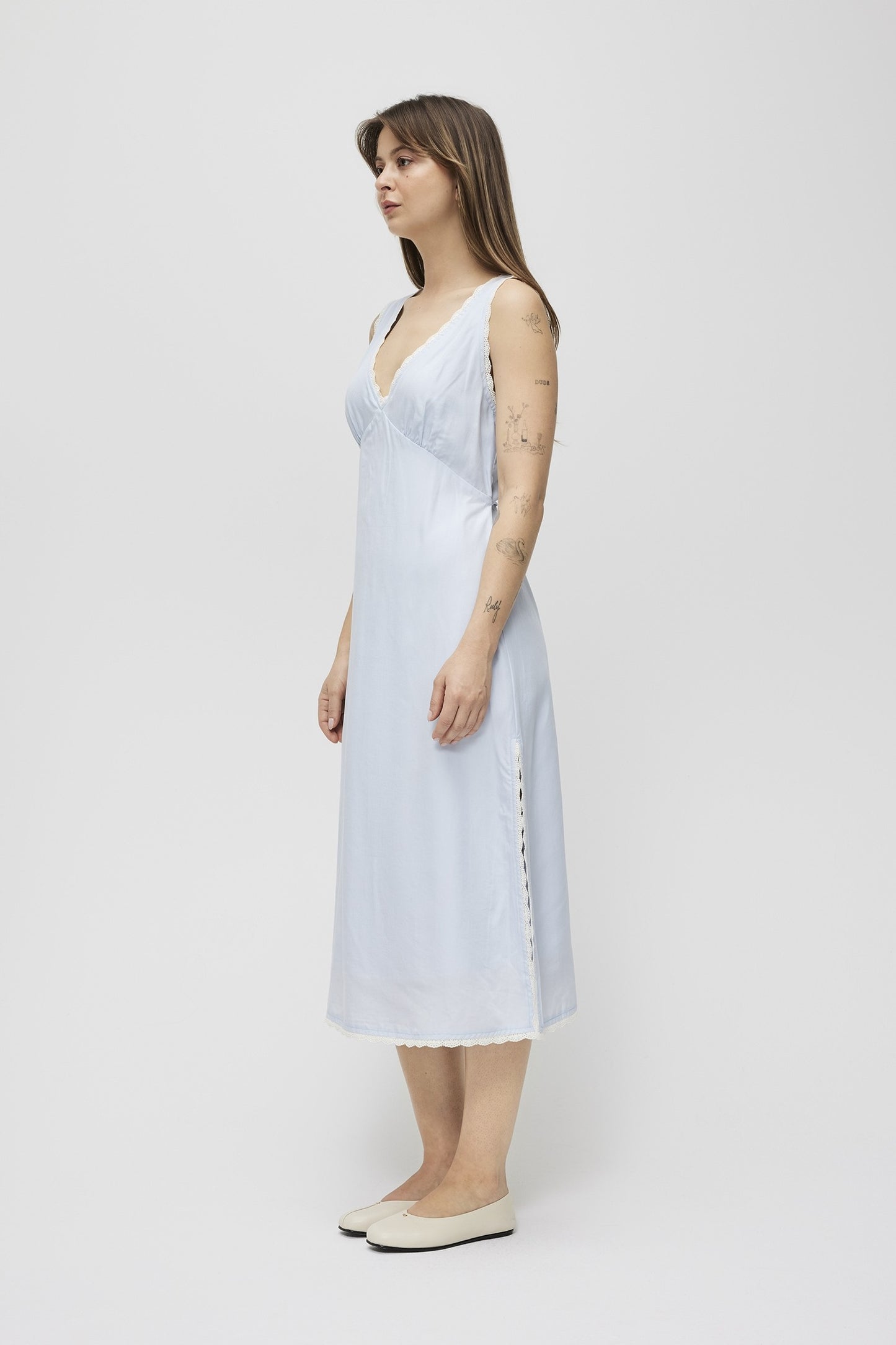Light Blue Lace Trim Midi Dress