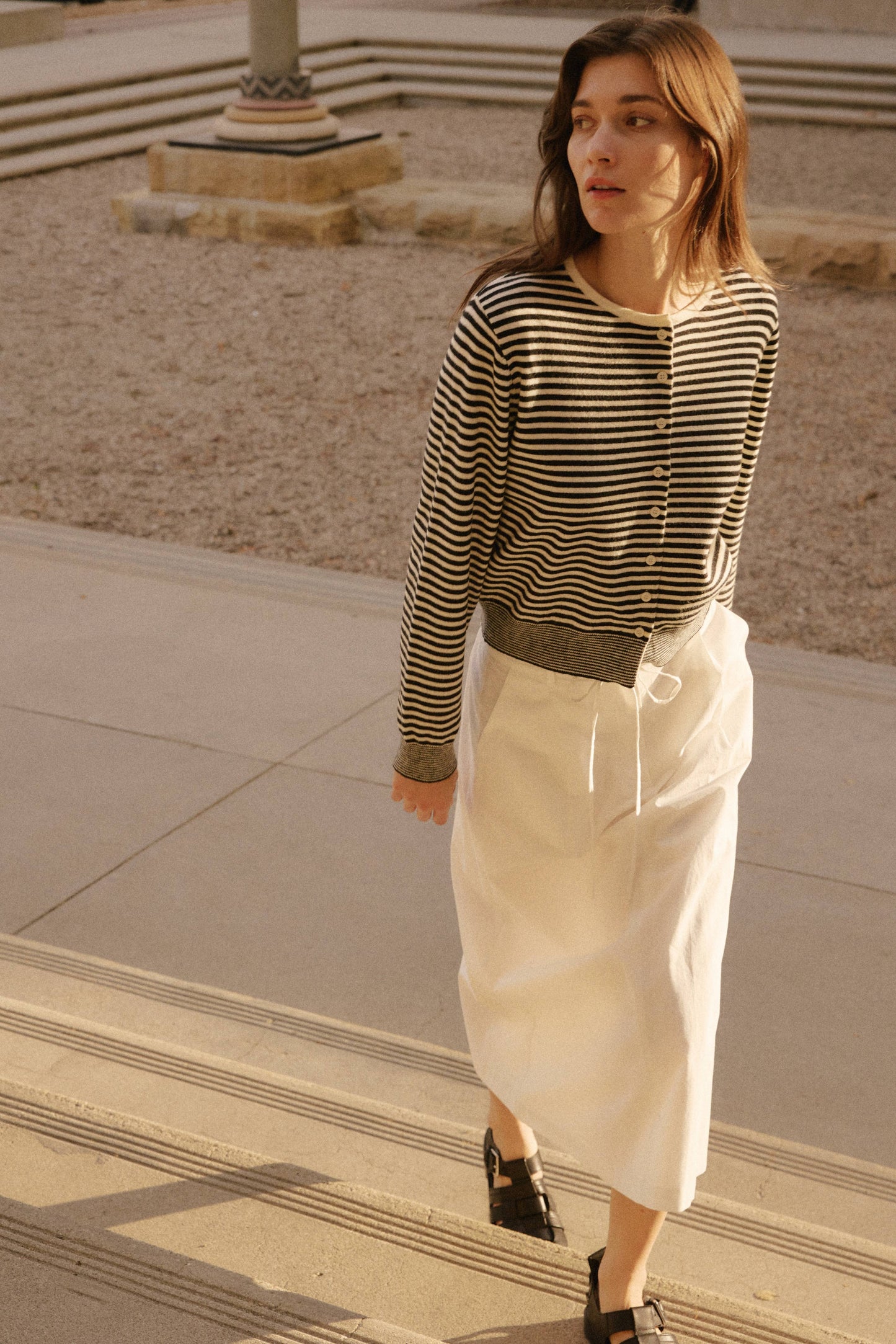 Striped Button Down Round Neck Cardigan