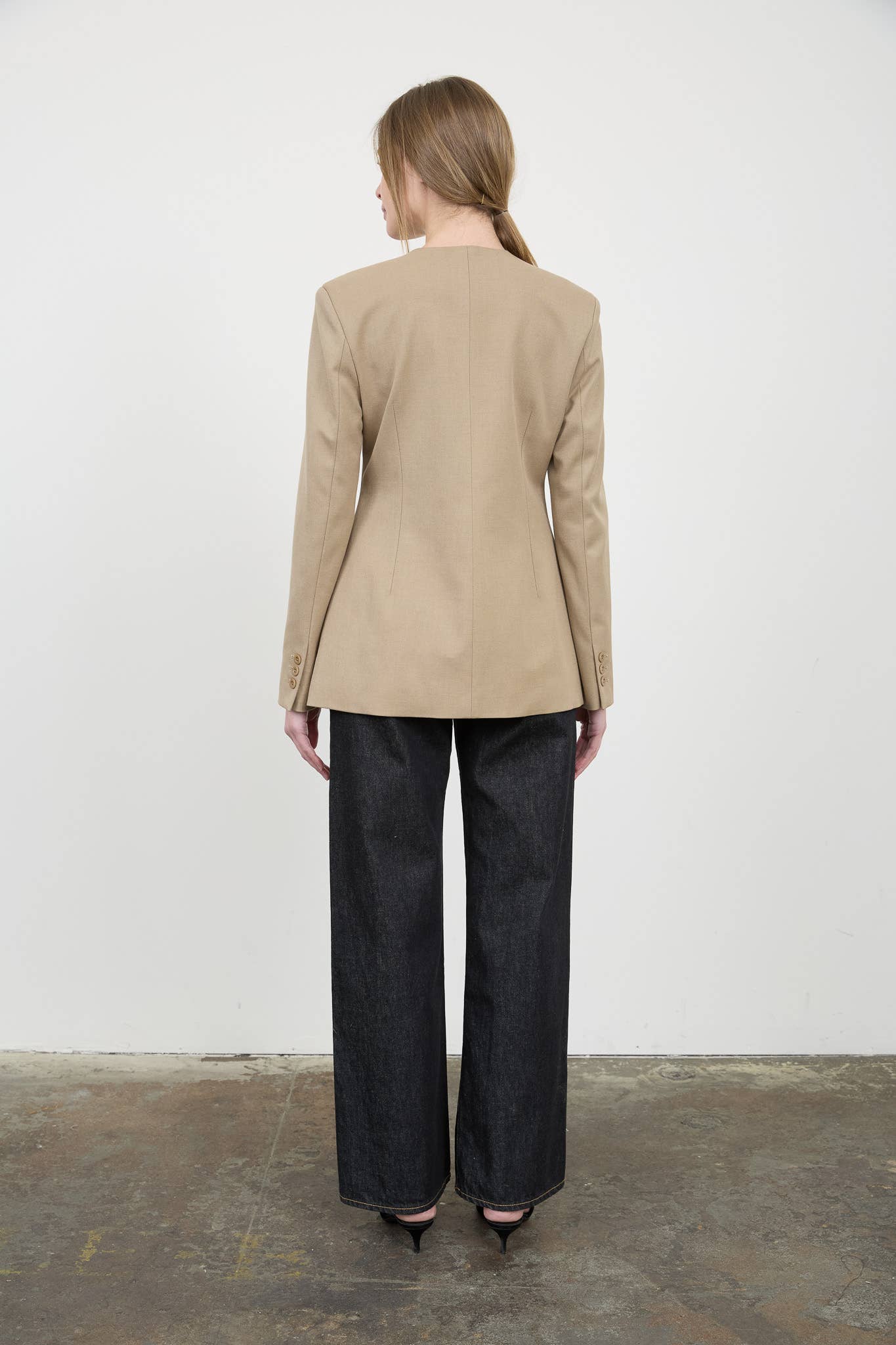 Taupe Collarless Tailored Blazer Jacket