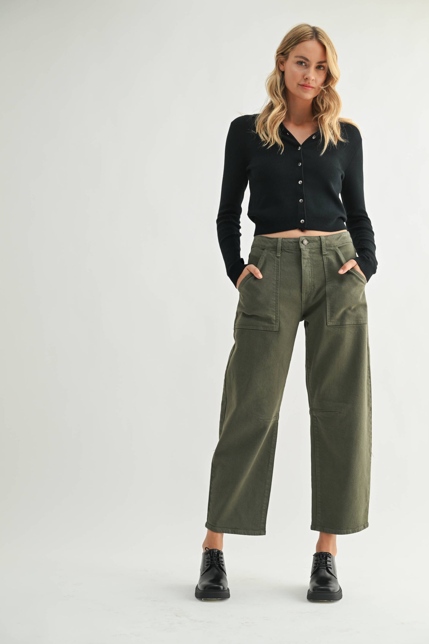 Dark Olive Mid Rise Utility Seamed Barrel Jean