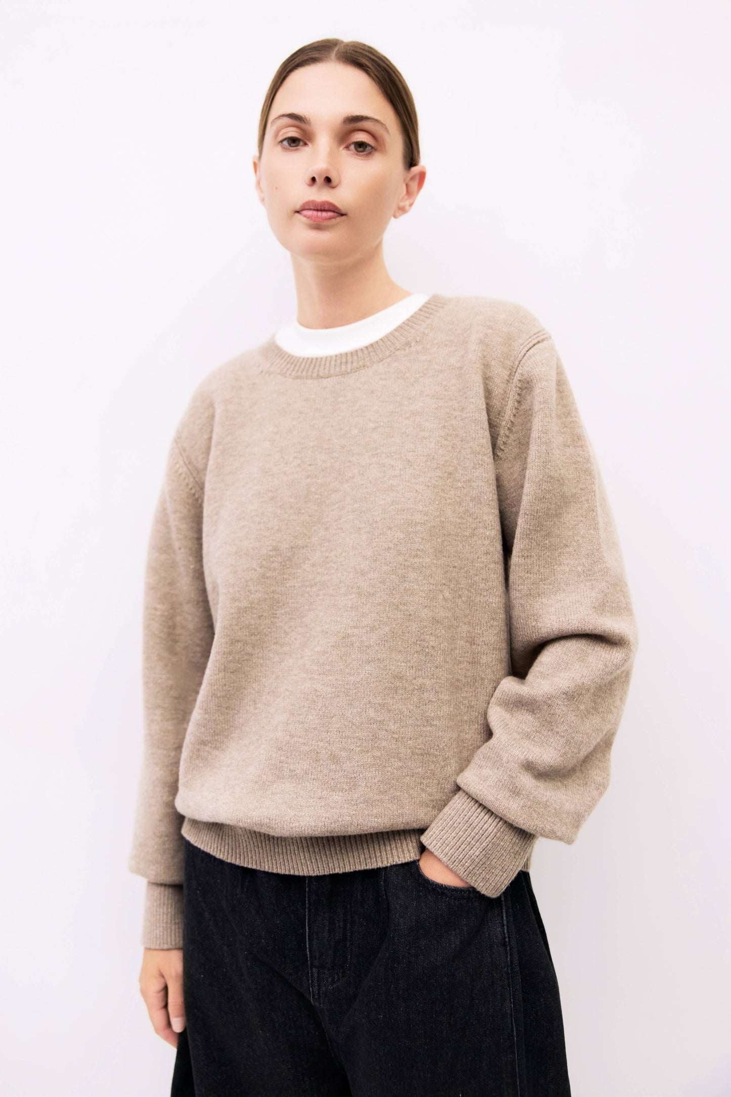 Taupe Brushed Knit Crewneck Sweater