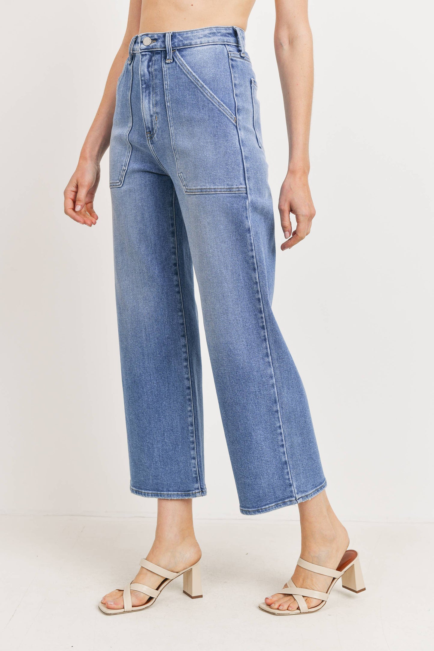 Medium Wash Utility Cargo Pocket Wide Leg High Rise Jeans