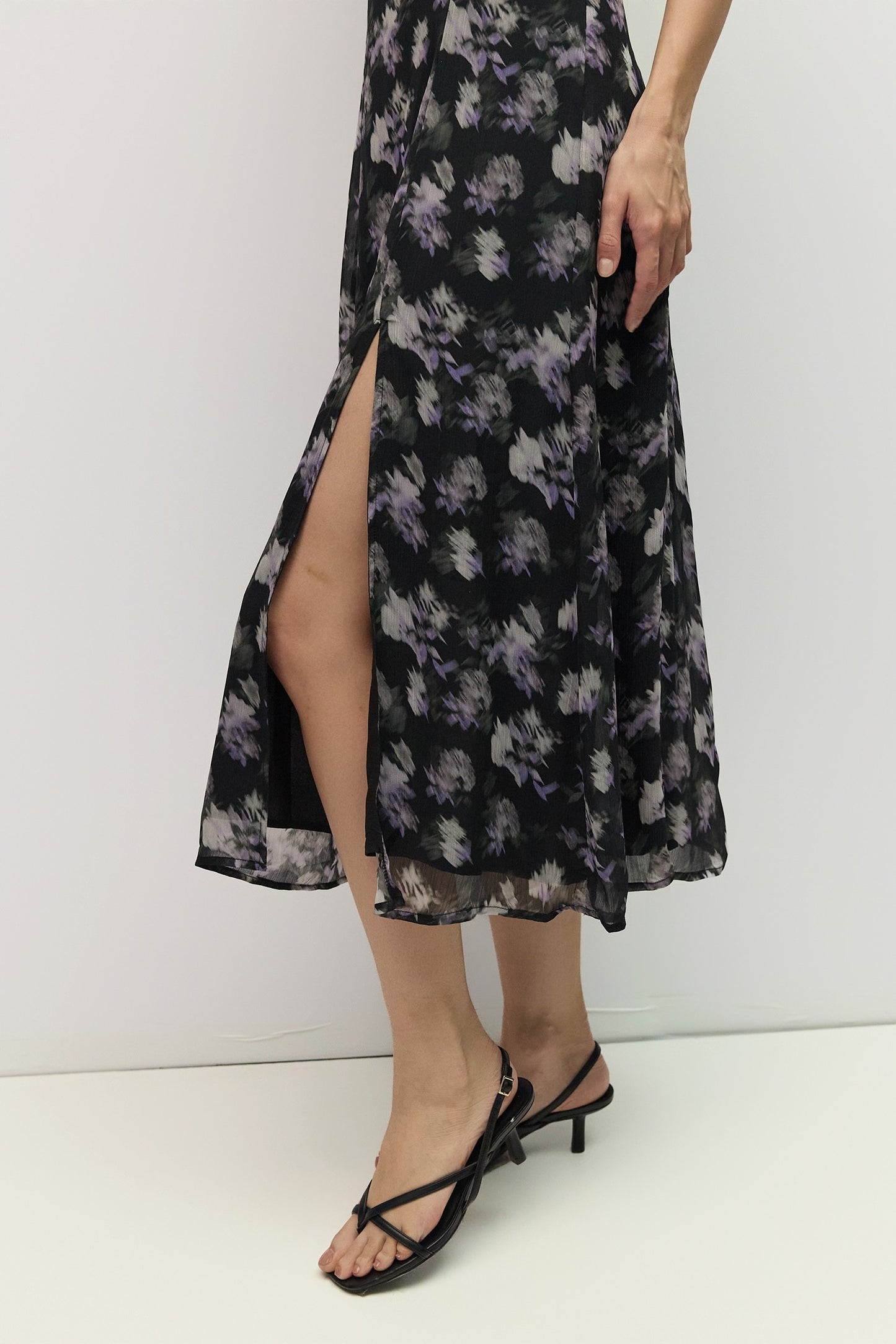 Black Purple Floral Midi Dress