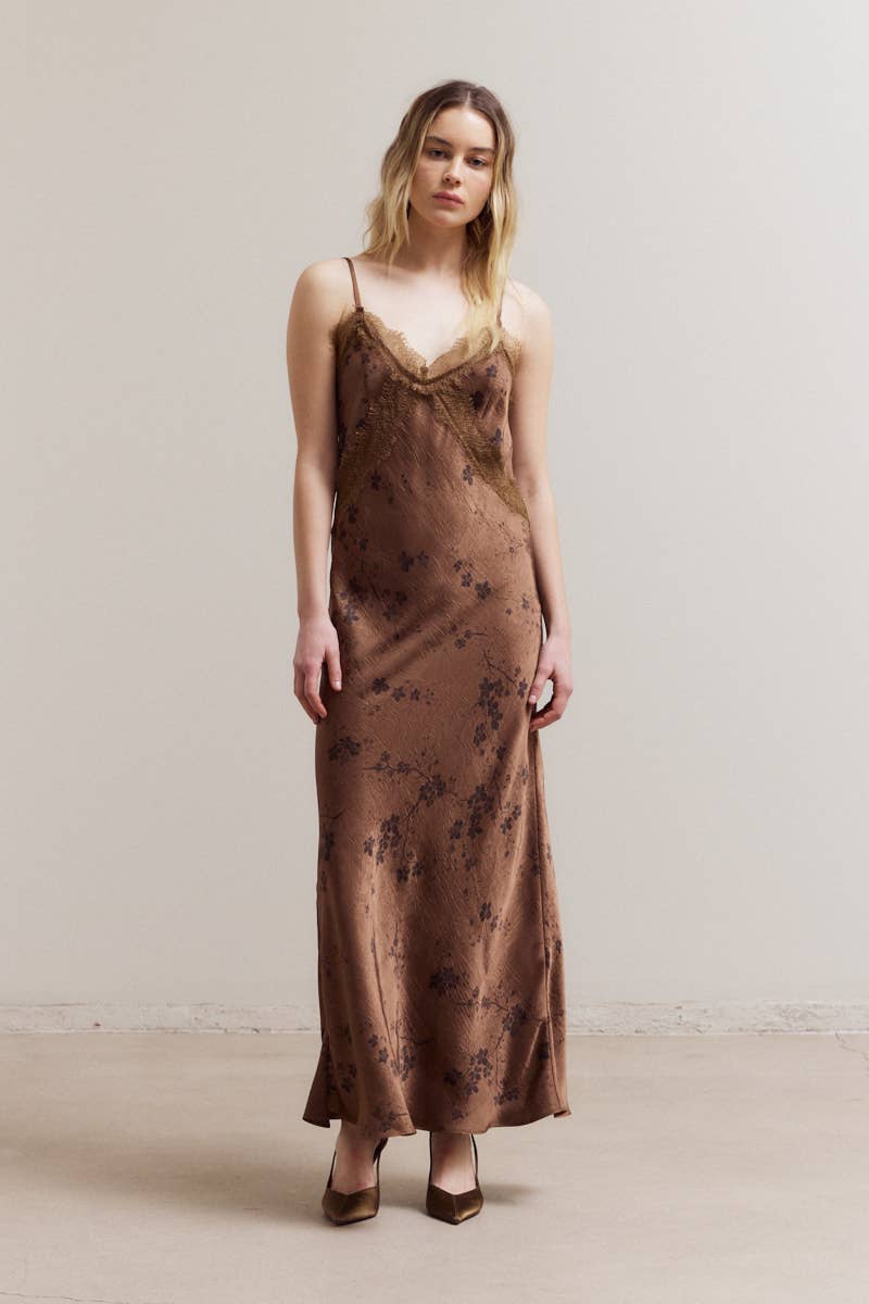 Brown Floral Print Lace Maxi Slip Dress