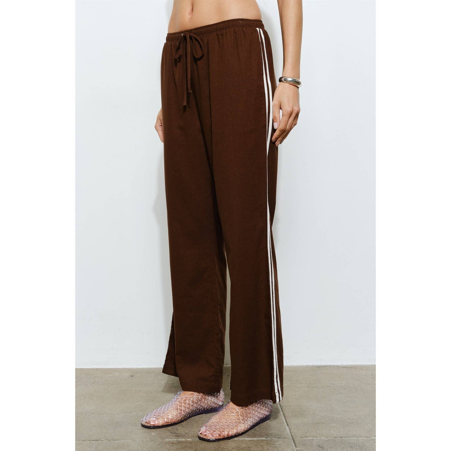 Brown Linen Stripe Track Pants
