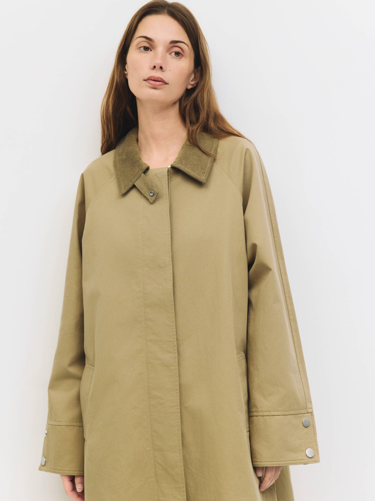 Khaki Corduroy Collared Long Trench Coat