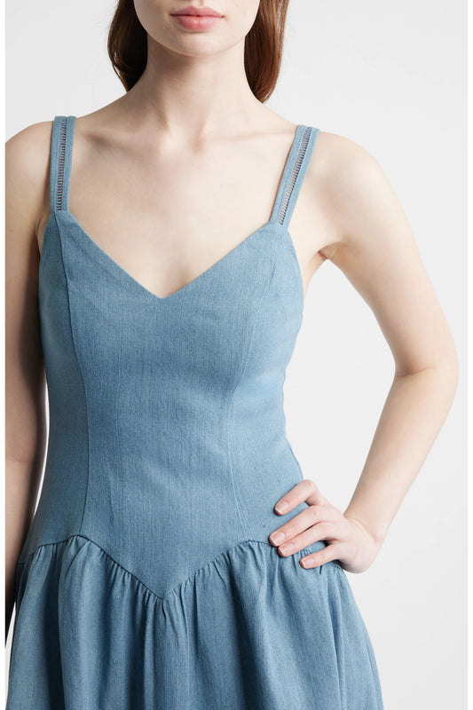 Denim V-Neck Eyelet Detail Midi Dress