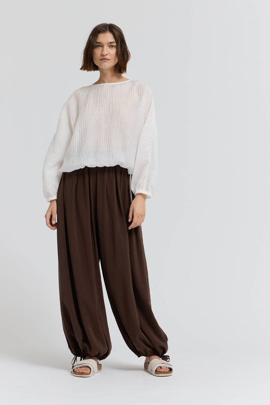 Brown Pleated Waist Balloon Pants