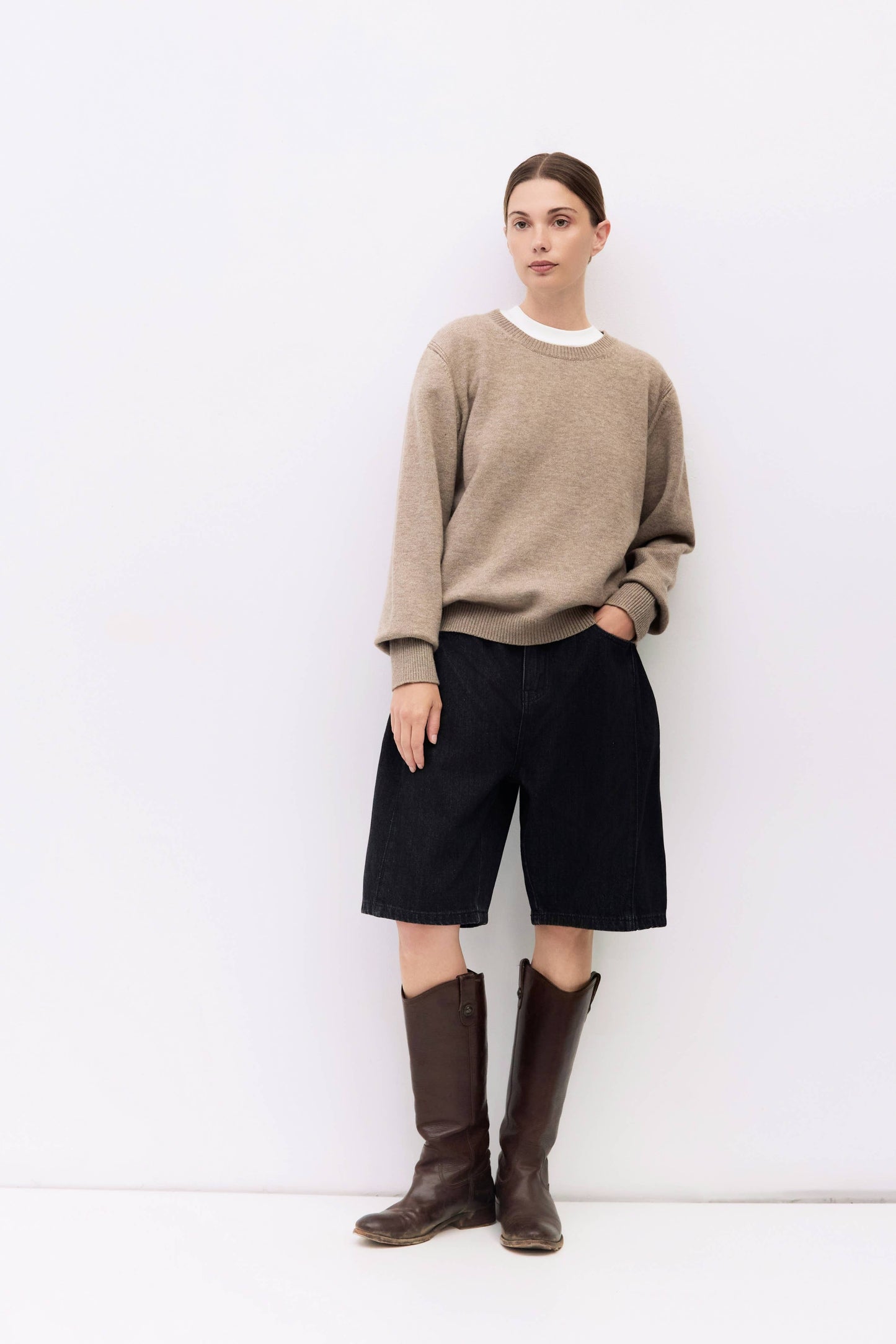 Taupe Brushed Knit Crewneck Sweater