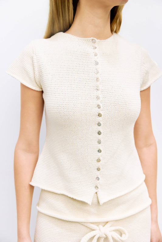 Ivory Rolled Edge Cotton Knit Button Top