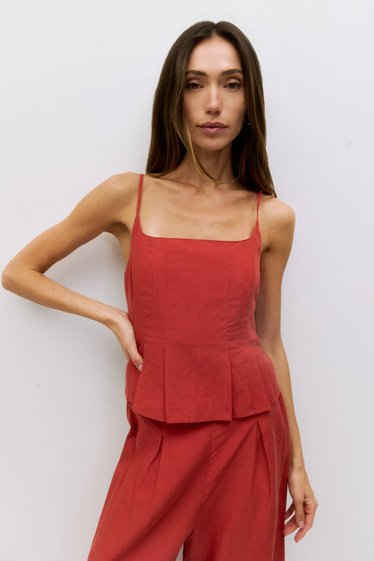 Pleated Square Neck Linen Tank