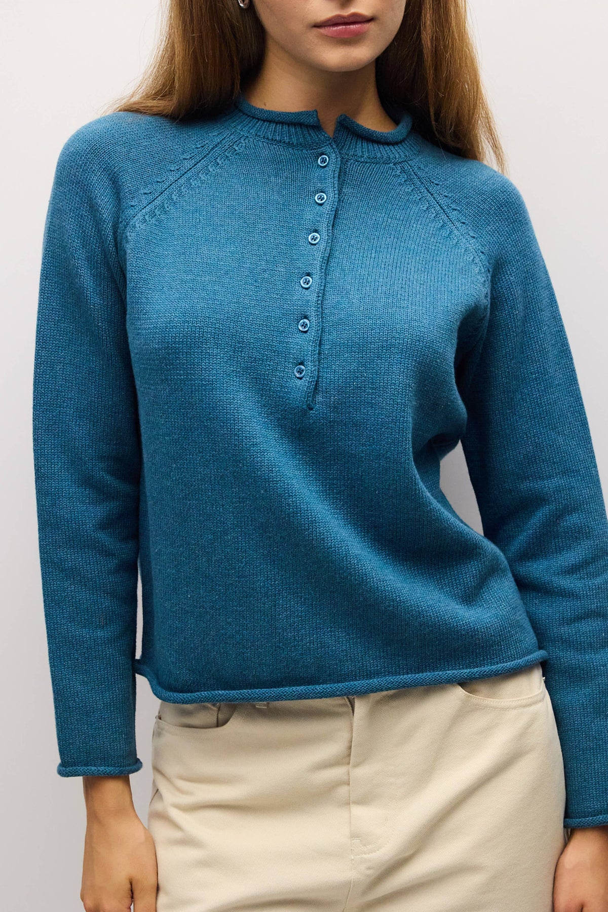 Teal Rolled Edge Henley Sweater