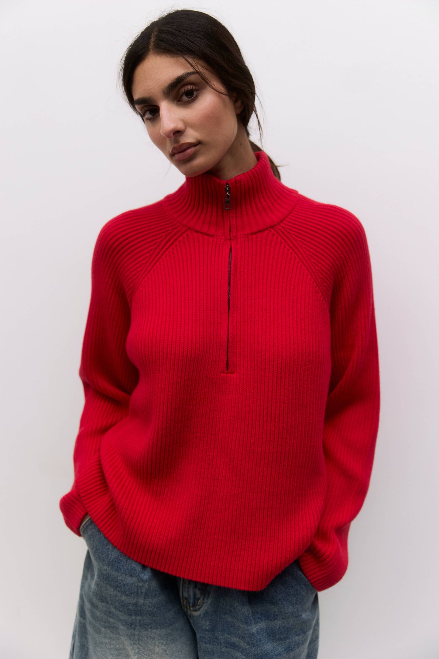 Red Half-Zip Ribbed Sweater