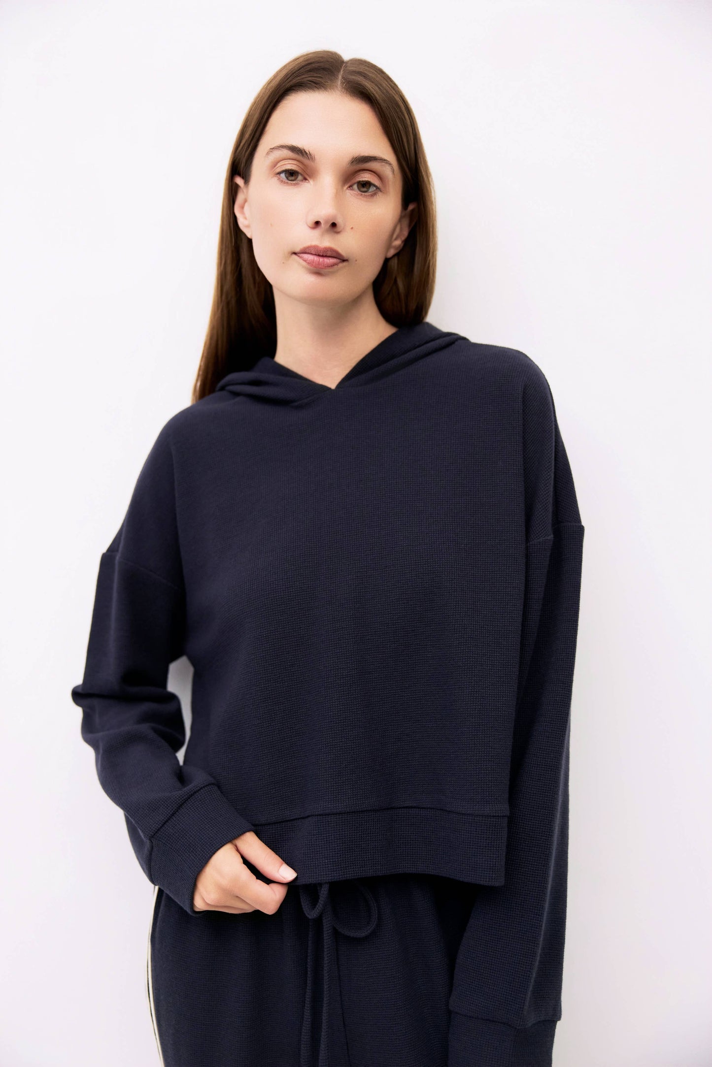 Waffle Knit Cropped Hoodie Top