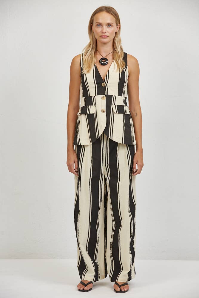 Striped Woven Linen Wide Leg Pants