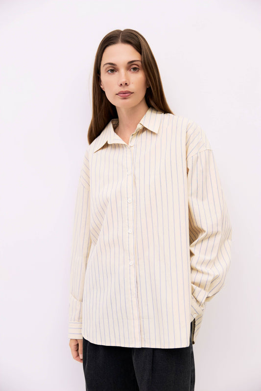 Cream Striped Cotton Button Up Shirt