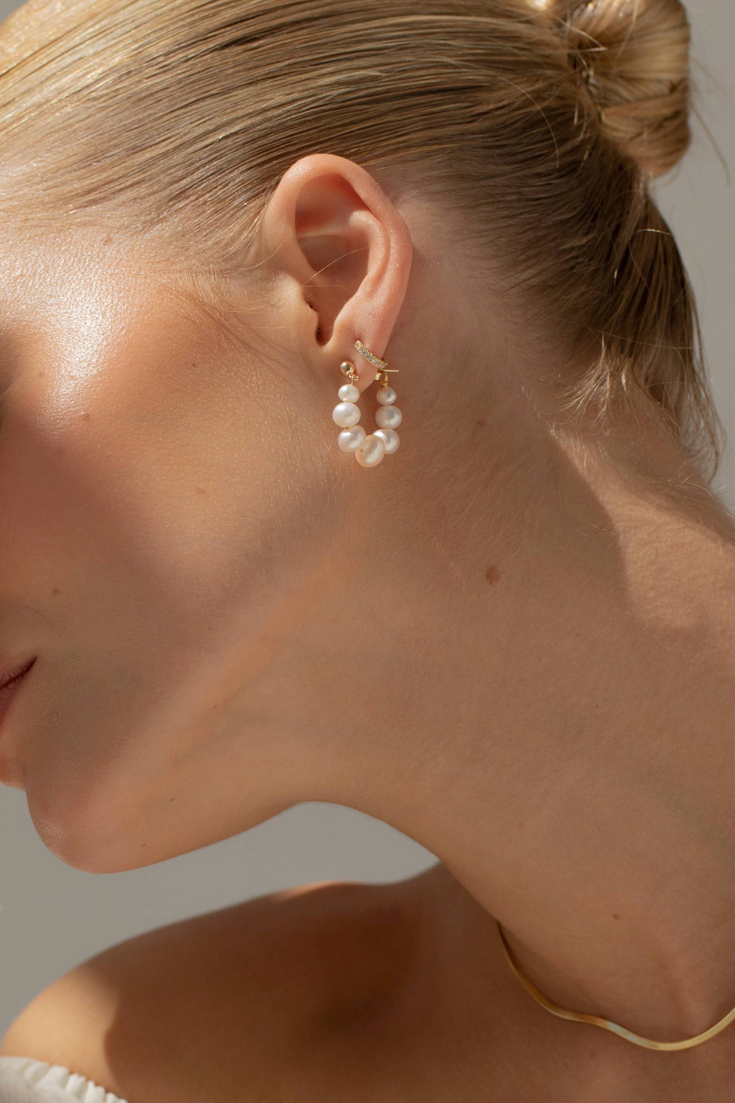 Gold Pearls Links Hooped Earrings