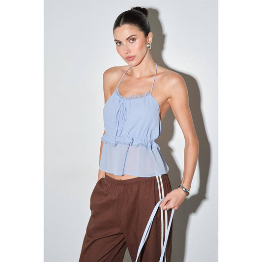 Light Blue Chiffon Lace Trim Halter Top