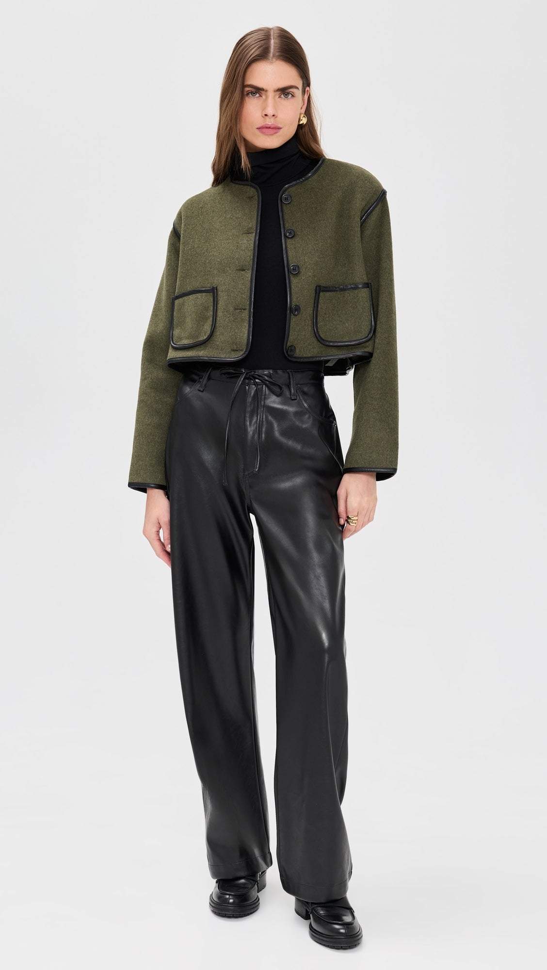 Olive Leather Trim Cropped Jacket + Matching Scarf