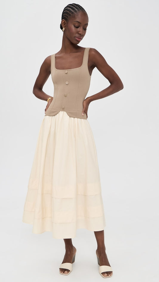 Khaki Mixed Media Button Front Midi Dress