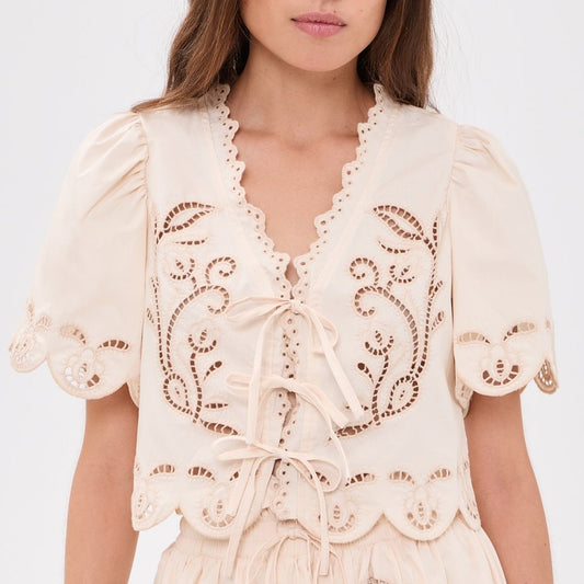 Cream Eyelet Tie Front Short Sleeve Top