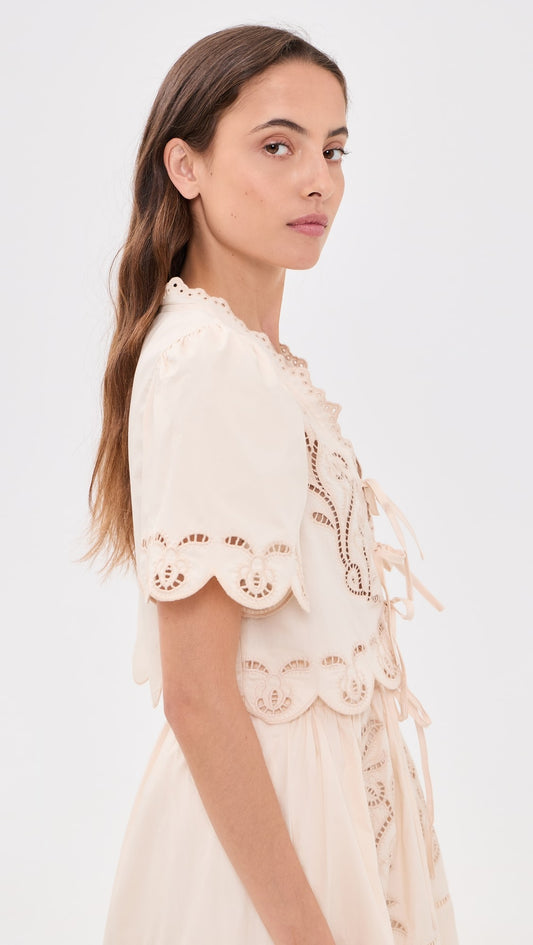 Cream Eyelet Tie Front Short Sleeve Top