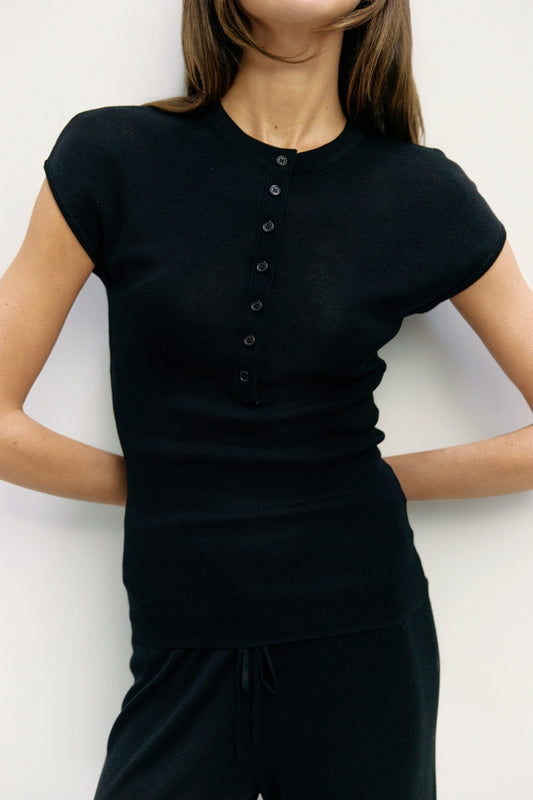 Cap Sleeve Half Button Knit Top