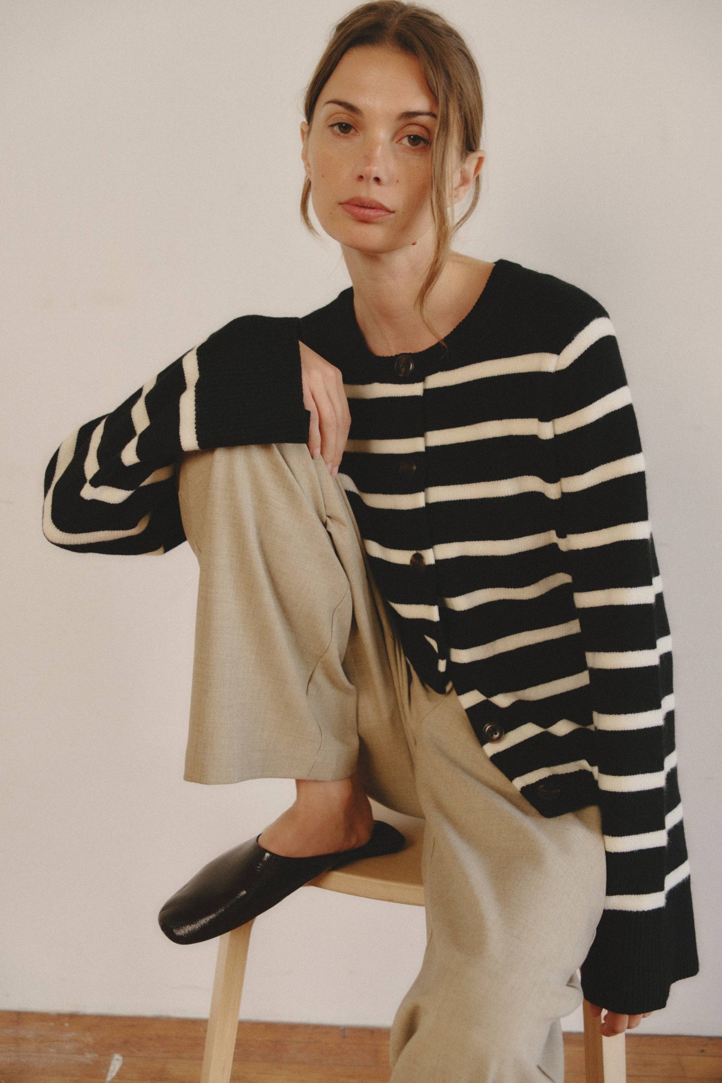 Black Striped Bell Sleeve Buttoned Cardigan