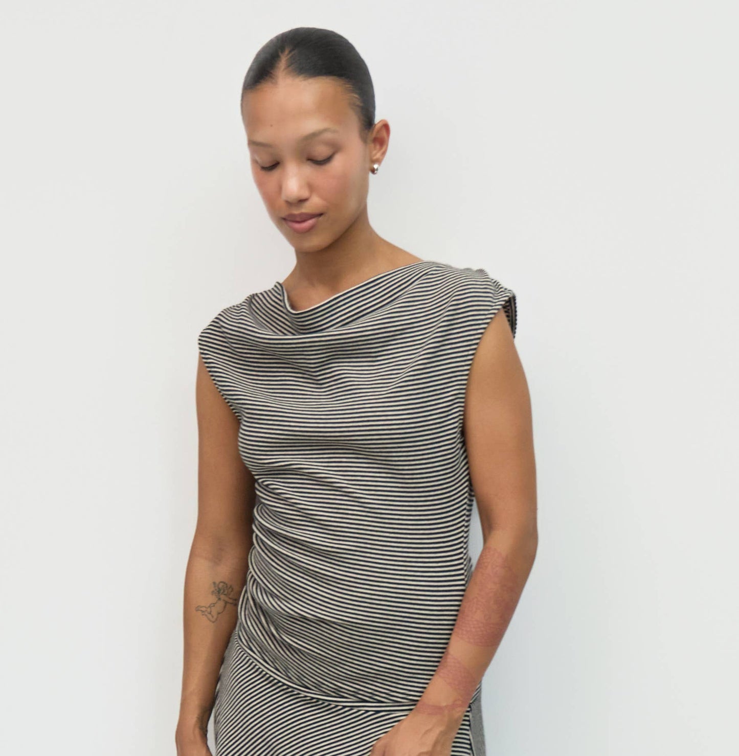Striped Knit Cowl Neck Top