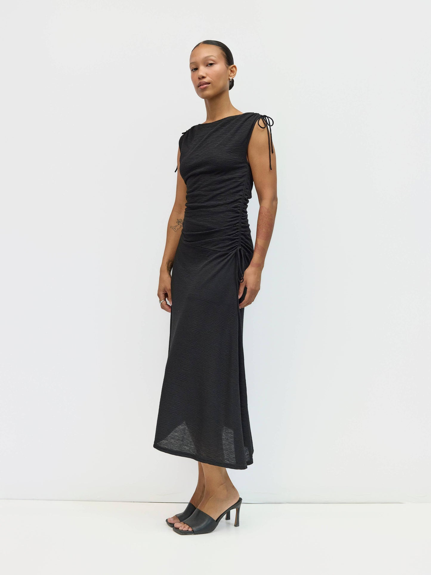 Black Asymmetrical Textured Crinkle Midi Dress