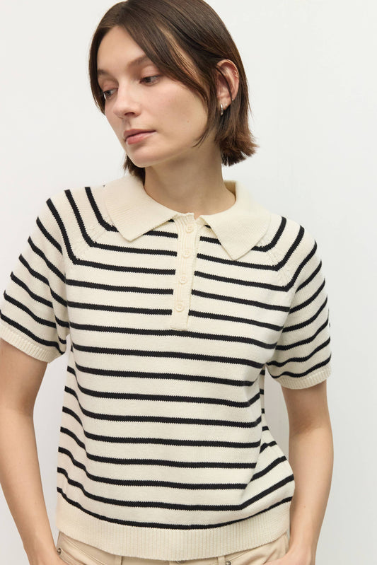 White Black Striped Short Sleeve Knit Collared Top