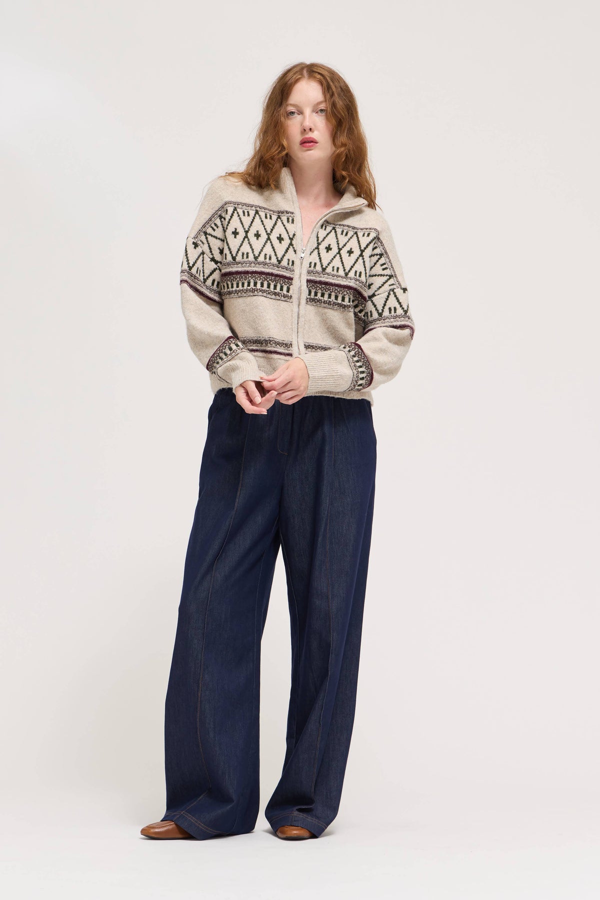 Oatmeal Patterned Zip-Up Sweater Jacket