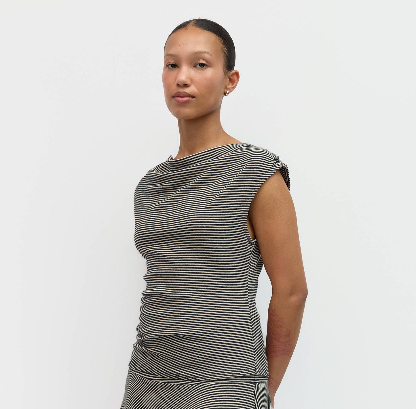 Striped Knit Cowl Neck Top
