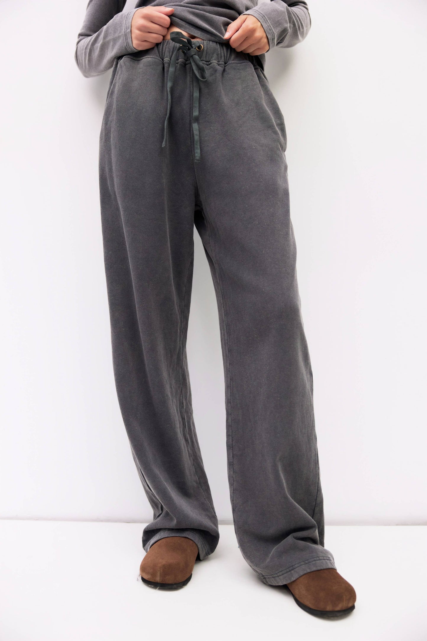Charcoal Gray Wide Leg Tie Front Fleece Pants