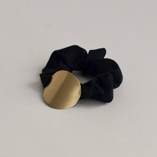 Black Satin Scrunchie with Round Gold Charm