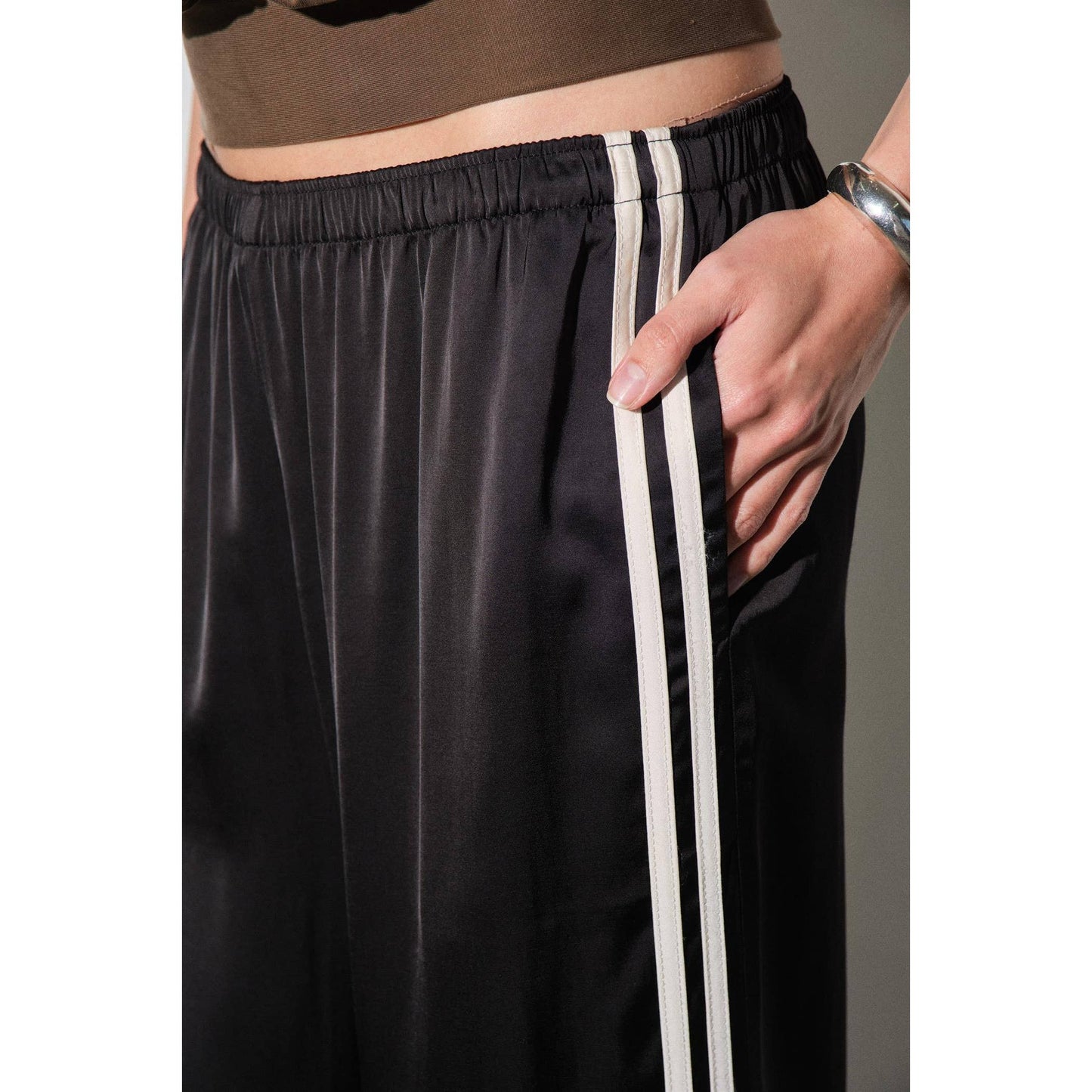 Black Satin Cream Stripe Track Pants