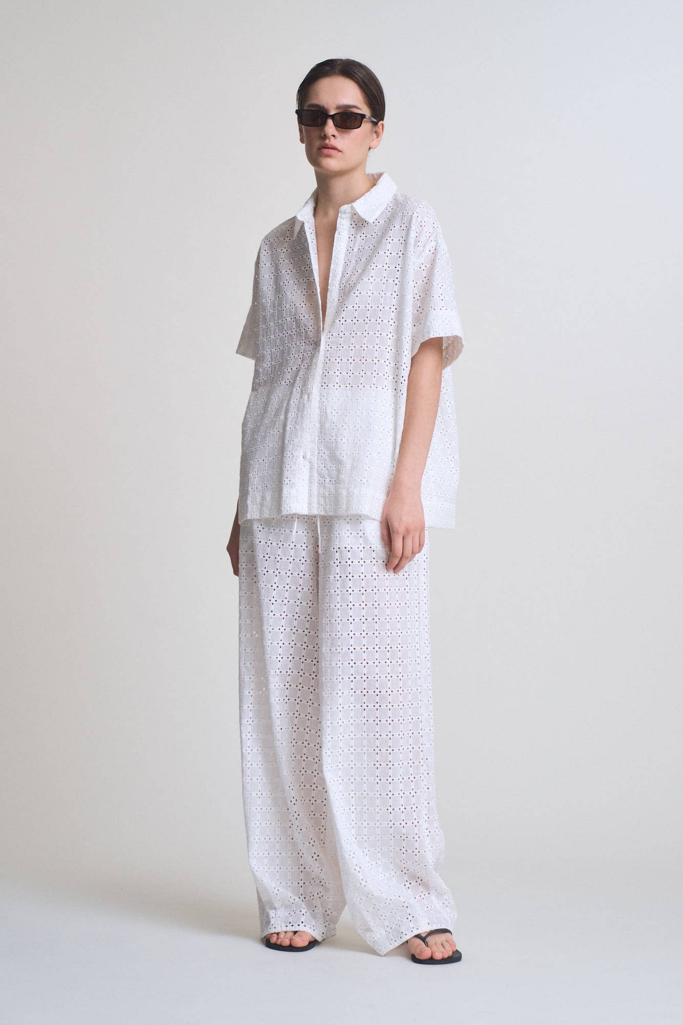 White Square Eyelet Relaxed Pants