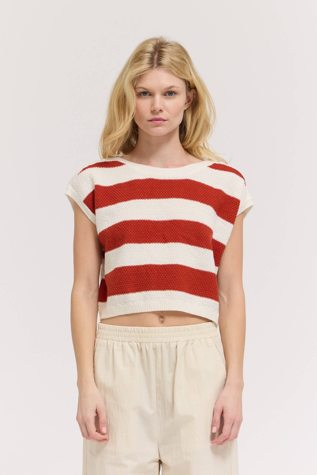 Red Stripe Drop Shoulder Cotton Knit Top