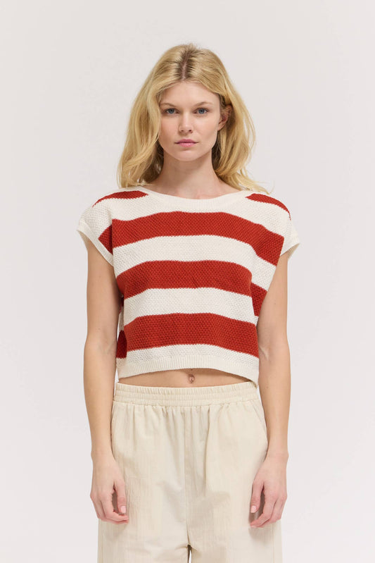 Red Stripe Drop Shoulder Cotton Knit Top